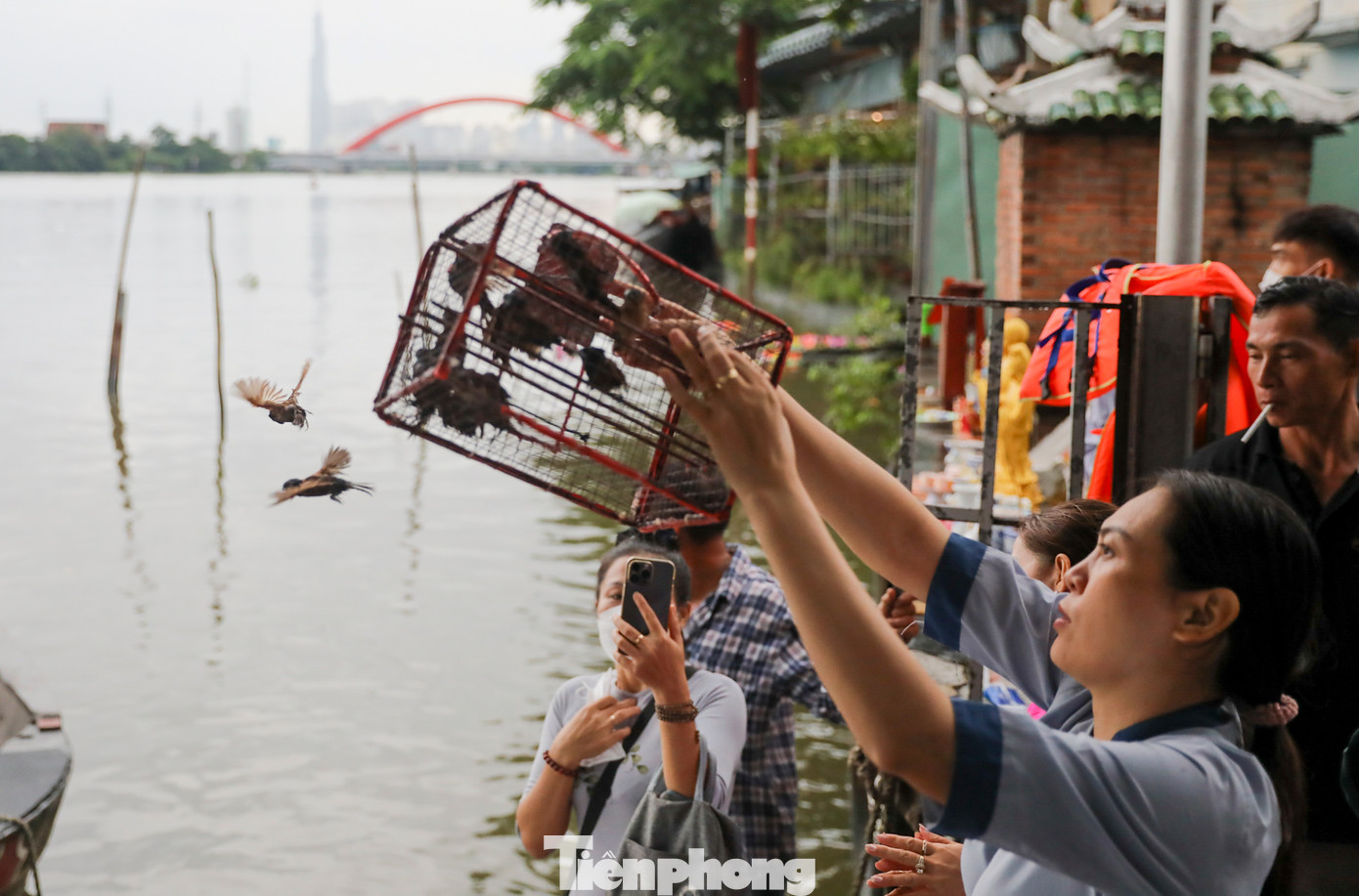 Lúc 15h, trời đổ mưa khá lớn nhưng nhiều người dân vẫn mang nhang đèn đến viếng chùa Diệu Pháp, thả chim, thả cá phóng sinh cầu bình an trong ngày Rằm tháng 7 cũng là mùa Vu Lan báo hiếu.