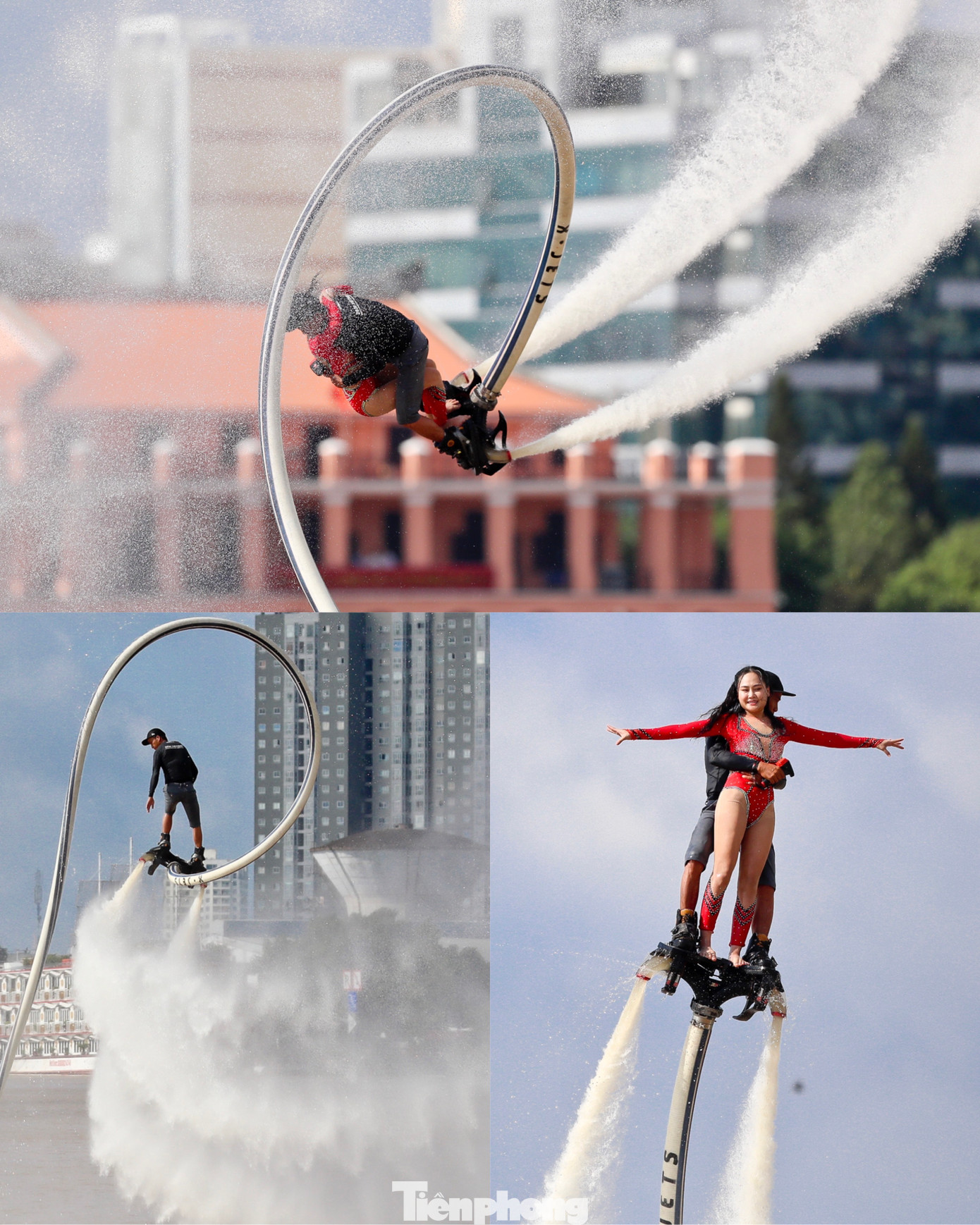 Người dân tại TPHCM khá thích thú khi lần đầu được chứng kiến các pha nhào lộn bằng ván phản lực ngay trên dòng sông Sài Gòn trước bến Bạch Đằng.