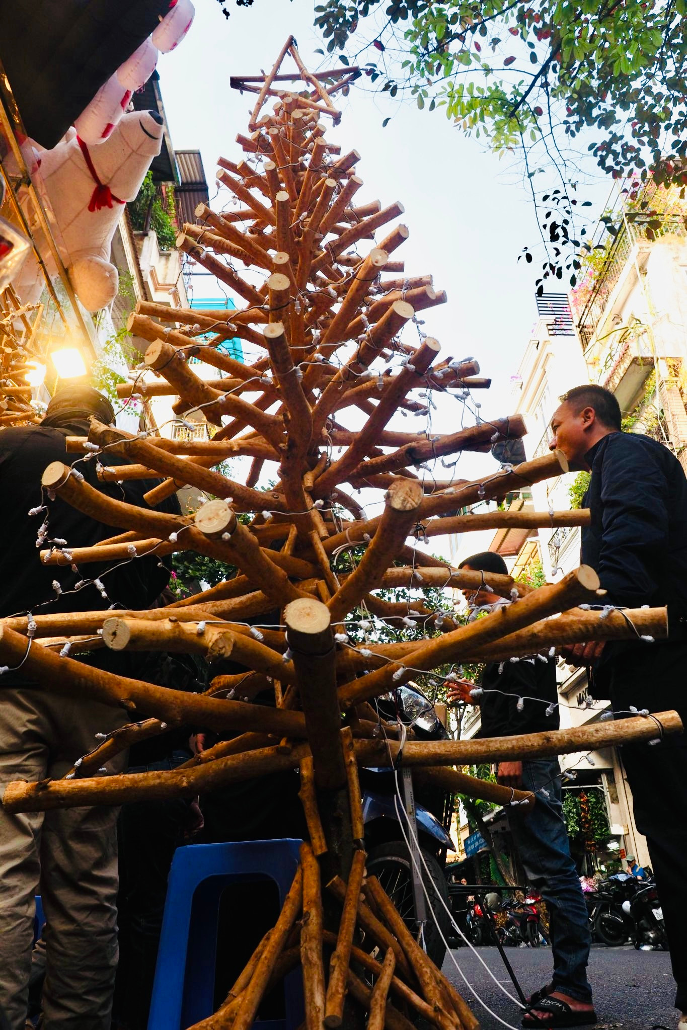 Năm nay trên phố Hàng Rươi, một chủ cửa hàng đã sử dụng thân, cành cây quế để kết thành cây thông Noel khổng lồ cao quá đầu người khiến ai đi qua cũng phải dừng lại trầm trồ khen ngợi, hít hà hương thơm của quế... Chủ cửa hàng chia sẻ: "Để làm ra cây thông đặc biệt này tốn khá nhiều thời gian, chi phí vào khoảng 15 triệu cho một cây tùy vào chiều cao và phụ kiện trang trí kèm theo".