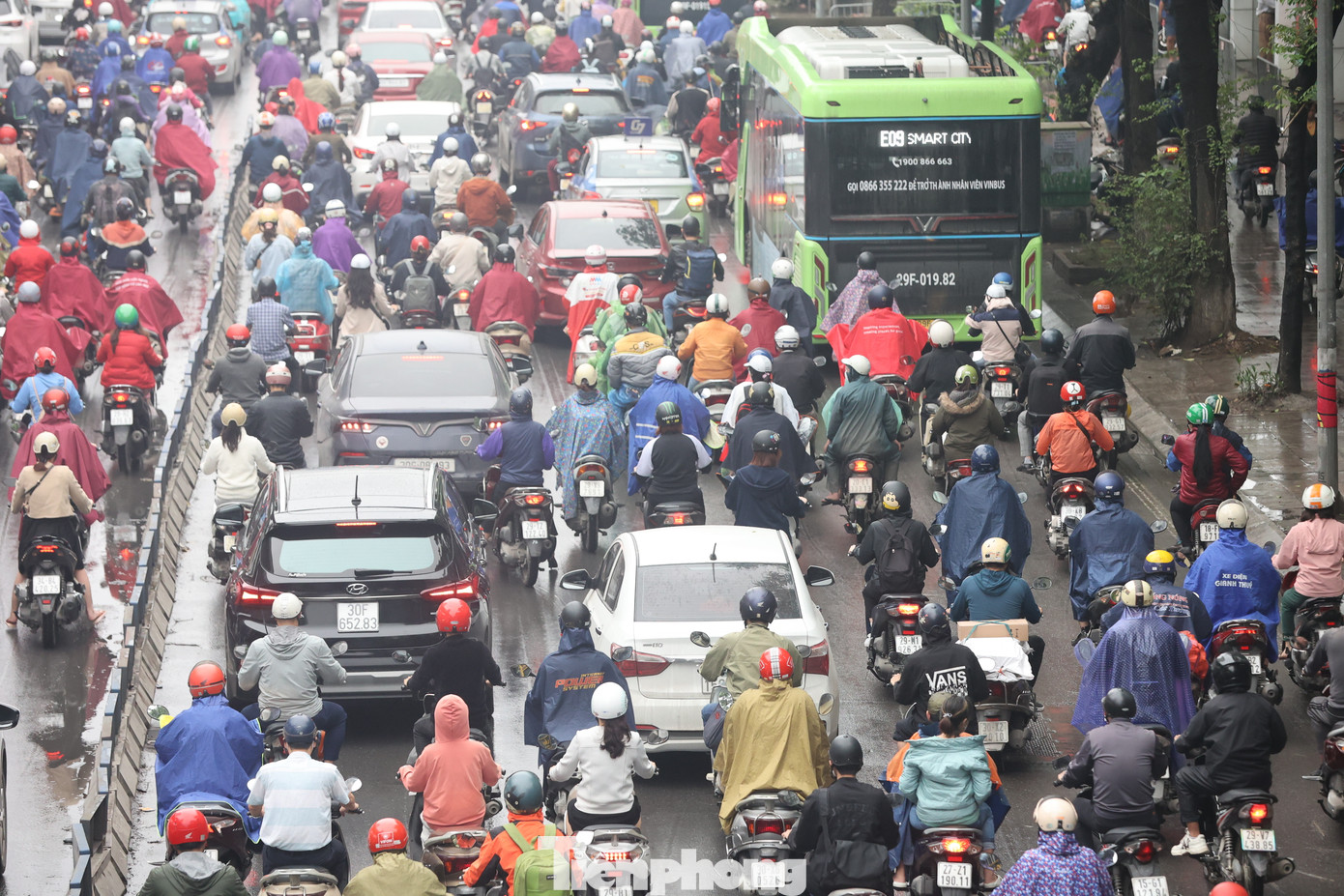 Nhiều ô tô di chuyển cả vào làn đường dành riêng cho xe máy. Giao thông hỗn loạn.