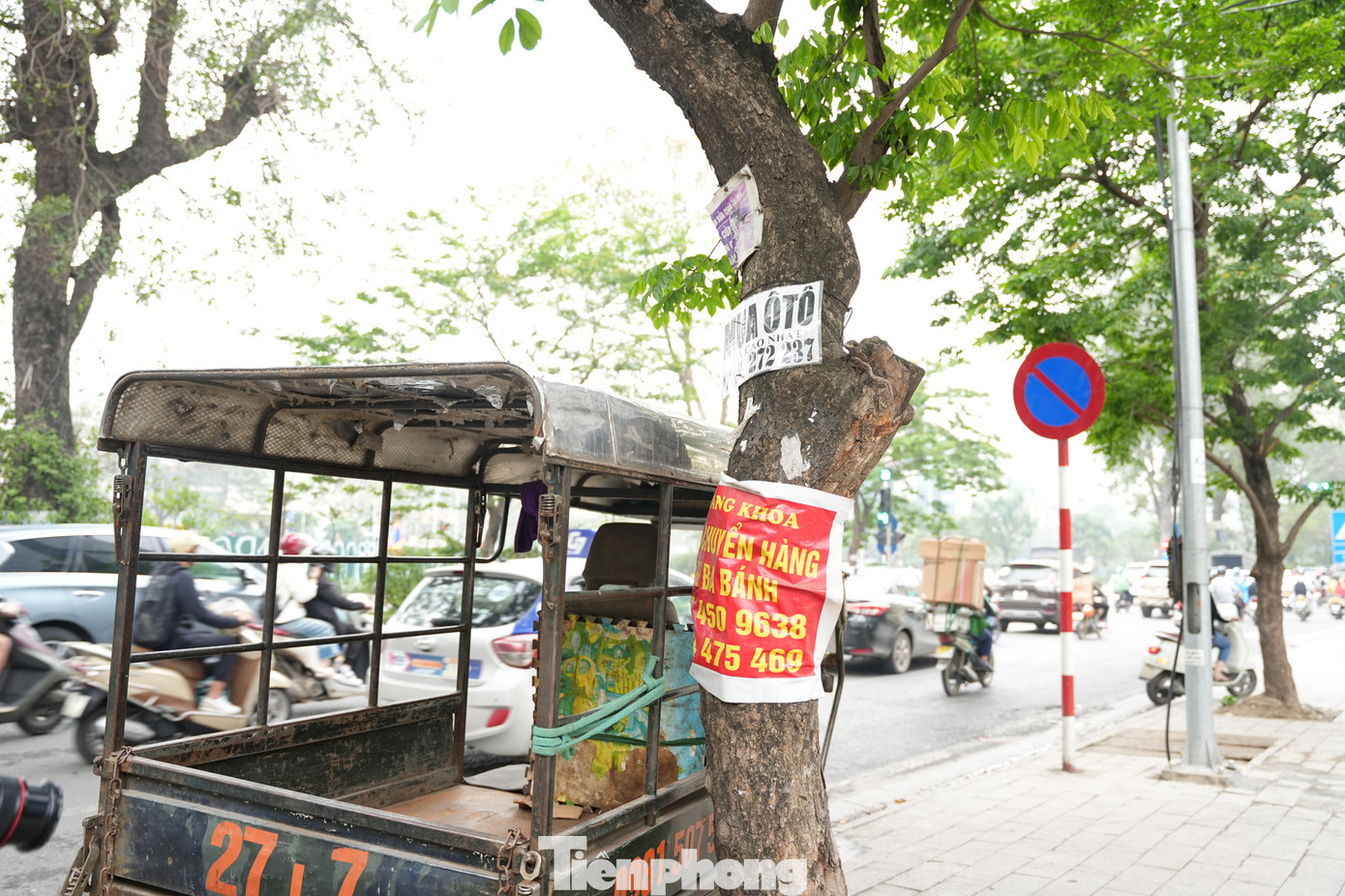 Việc đóng đinh, treo các quảng cáo vào thân cây xanh xuất hiện nhiều trên các tuyến phố.