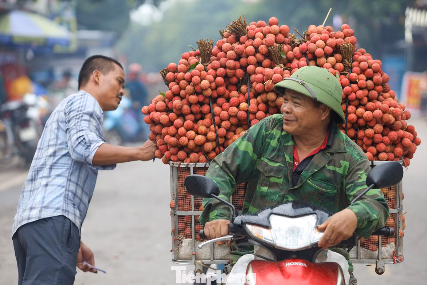 Các xe chở vải chất cao quá đầu người được bó gọn gàng với màu đỏ rực rỡ bắt mắt mang theo niềm vui, kỳ vọng của bà con nông dân về một năm được mùa, được giá.