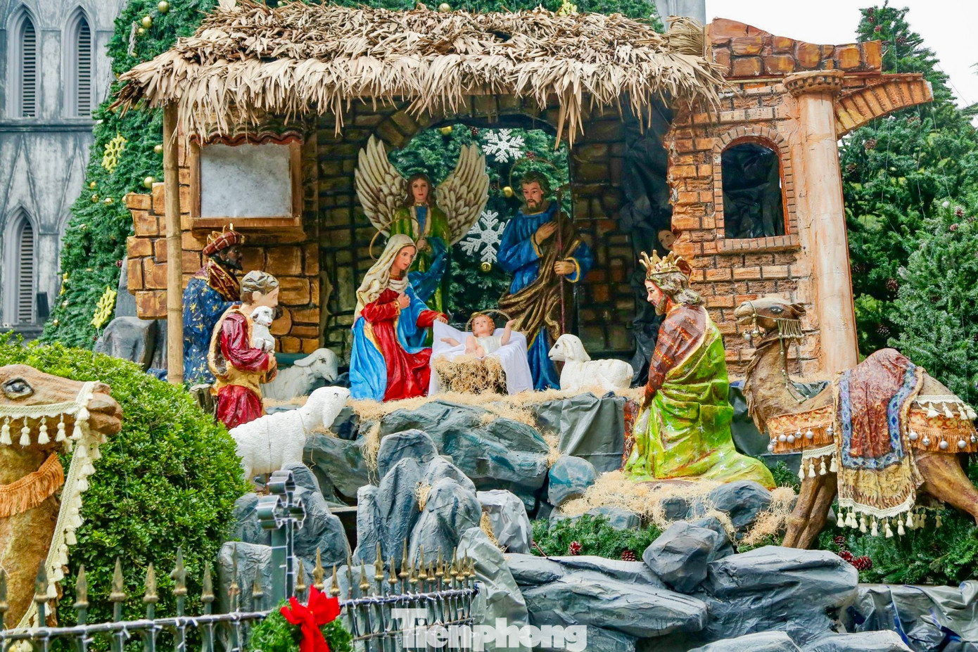 Tiểu cảnh Hang đá, nơi Chúa Giê-su sinh ra được trang hoàng rực rỡ tại Nhà thờ Lớn Hà Nội.