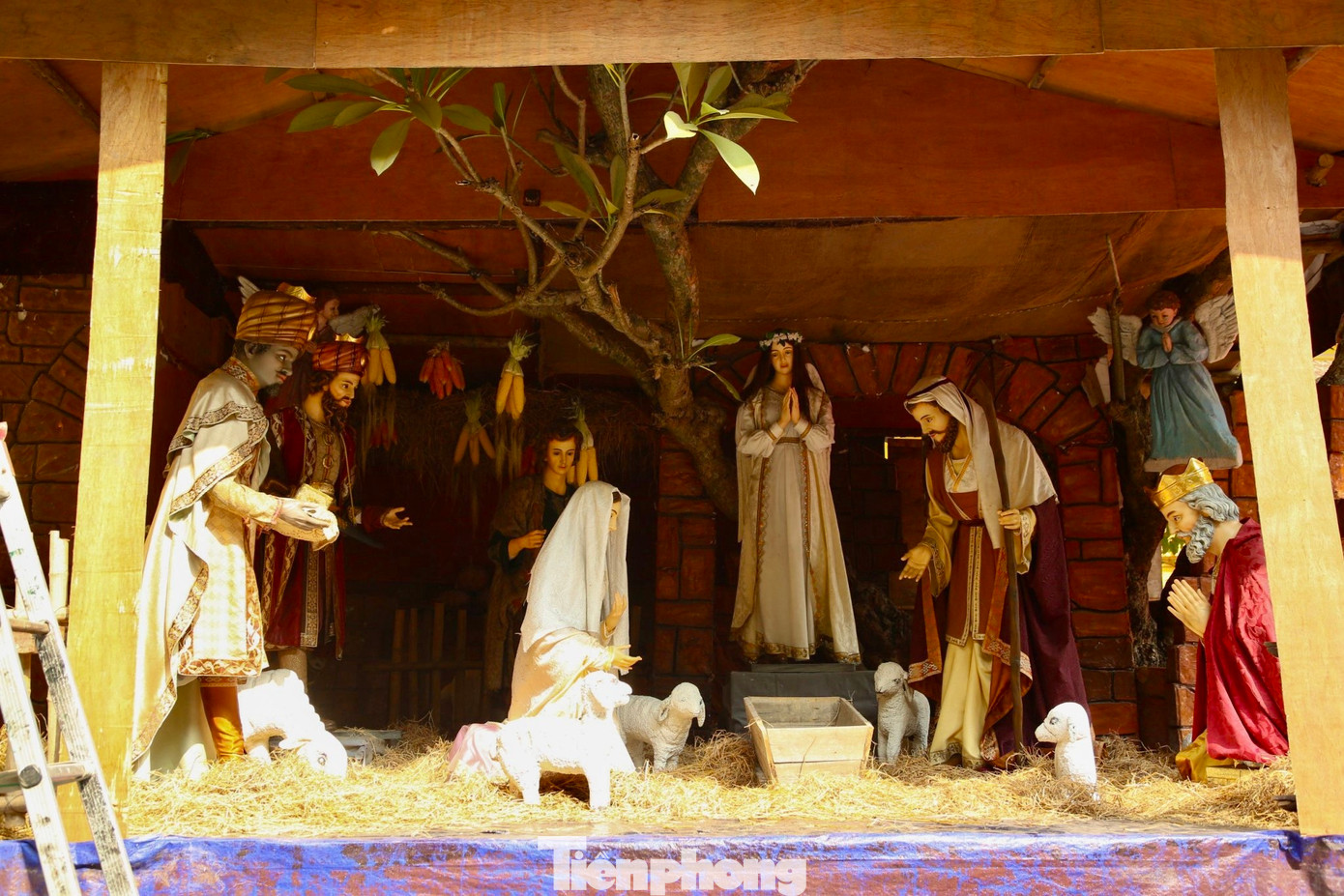 Trong khuôn viên nhà thờ trang trí tiểu cảnh chúa Jesus ra đời.