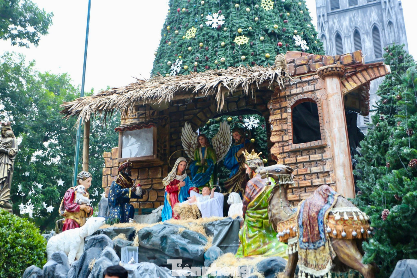 Tiểu cảnh Hang đá, nơi Chúa Giê-su sinh ra được trang hoàng rực rỡ tại Nhà thờ Lớn Hà Nội.