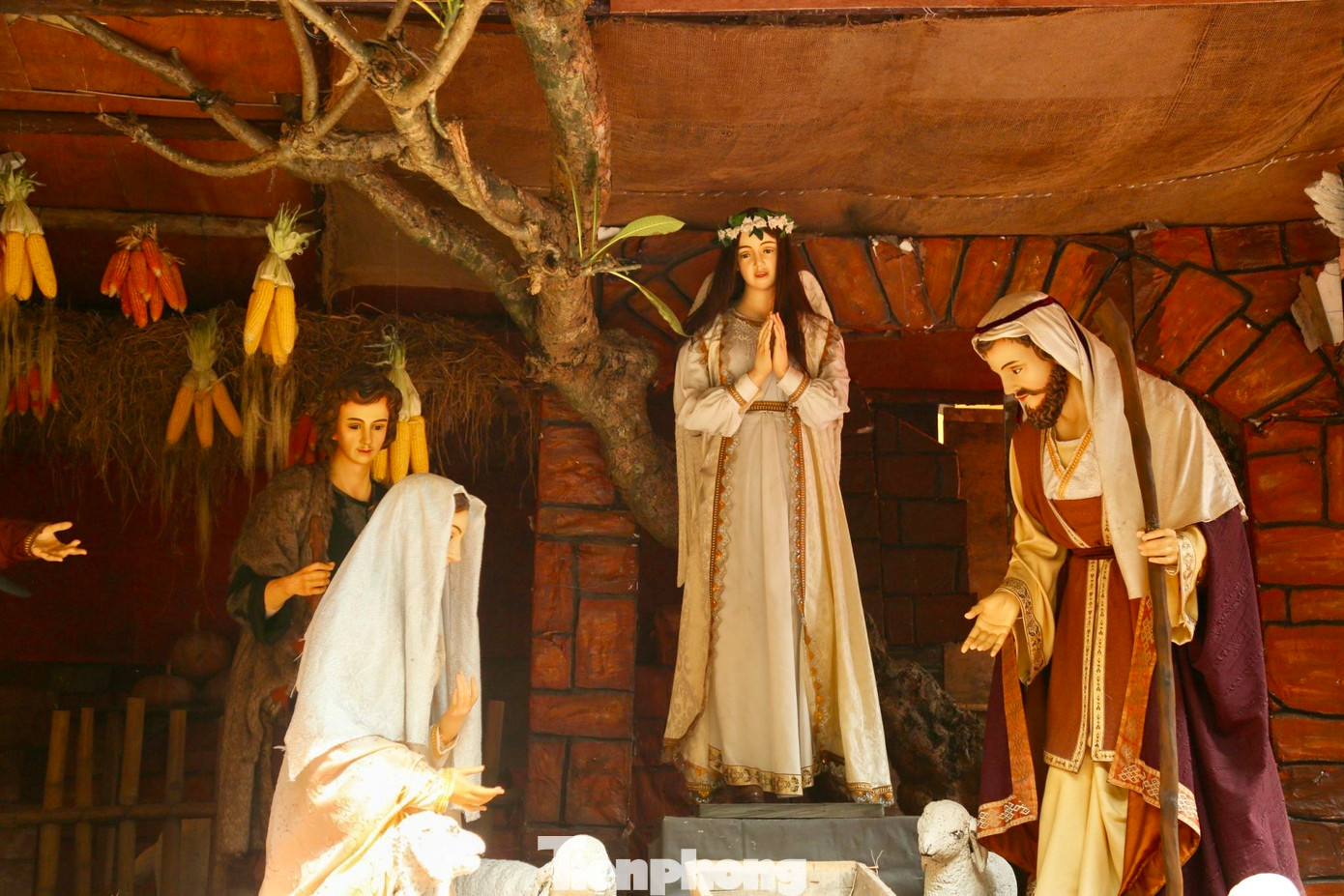 Trong khuôn viên nhà thờ trang trí tiểu cảnh chúa Jesus ra đời.