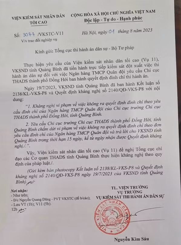 Mặc dù Viện KSND Tối cao ra văn bản, nhưng Chi cục THADS TP. Đồng Hới vẫn kiên quyết chống lại kháng nghị của Viện KSND tỉnh Quảng Bình