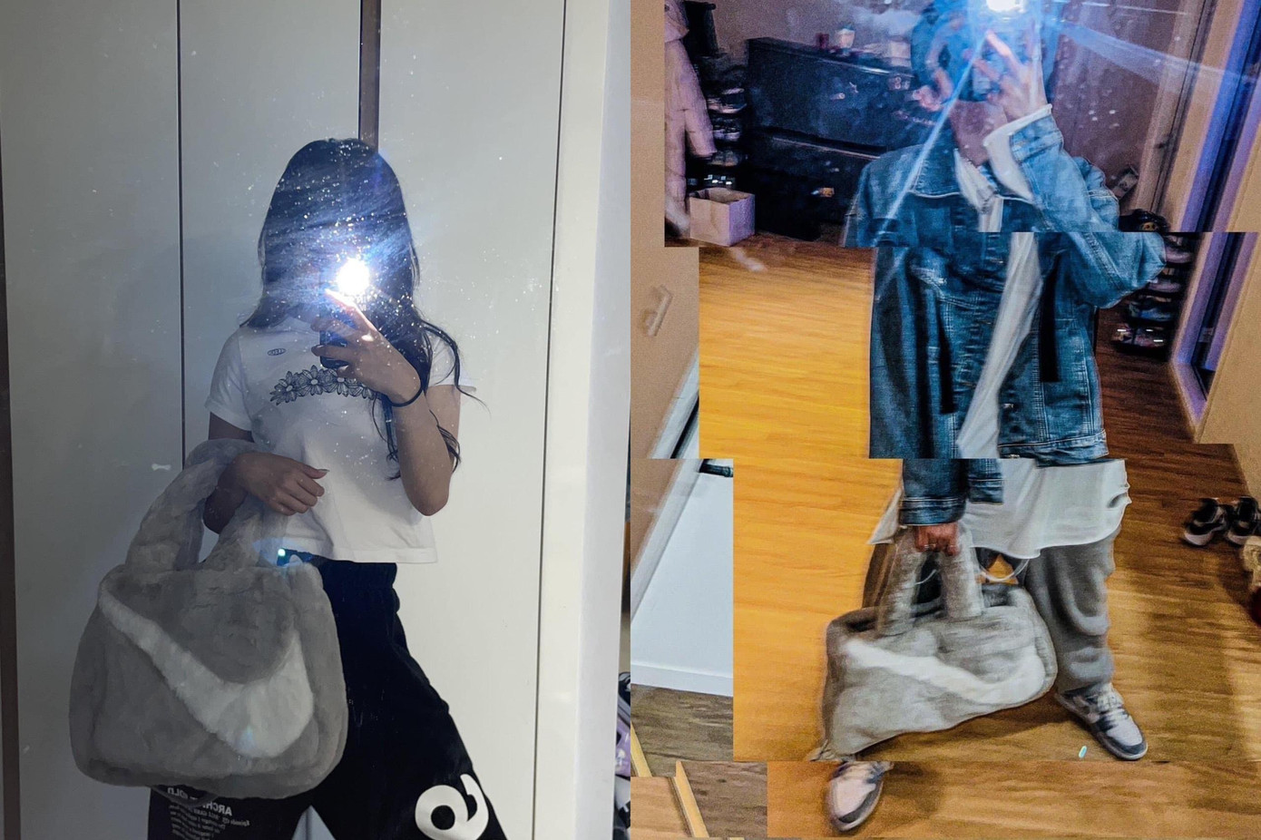 ... túi đôi. Thậm chí, còn cùng chụp ảnh cùng chiếc túi với dáng pose trước gương cùng đèn flash từ điện thoại giống hệt nhau.