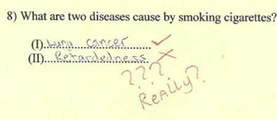  Học sinh trả lời: Ung thư phổi và chậm phát triển cho câu hỏi tên 2 loại bệnh gây ra vì hút thuốc lá. Giáo viên tếu táo: 
