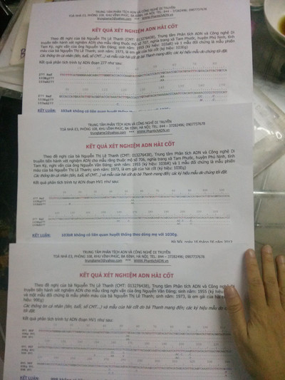 3 tờ kết quả giám định ADN đều ghi rõ 