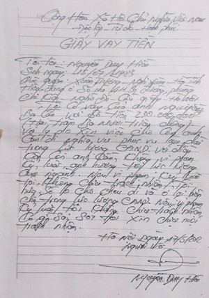 Giấy vay tiền của anh Hiền với ông Cần. Giấy vay tiền của anh Hiền với ông Cần