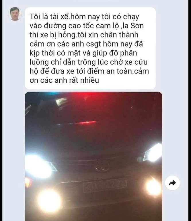Tin nhắn gửi lời cảm ơn của một tài xế sau khi được lực lượng CSGT hỗ trợ khắc phục sự cố trên cao tốc Cam Lộ-La Sơn. Ảnh: LT Tin nhắn gửi lời cảm ơn của một tài xế sau khi được lực lượng CSGT hỗ trợ khắc phục sự cố trên cao tốc Cam Lộ-La Sơn. Ảnh: LT
