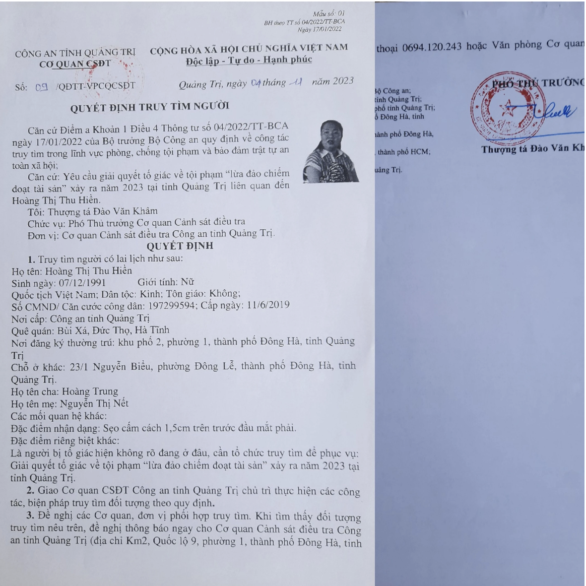 Quyết định truy nã Hoàng Thị Thu Hiền.