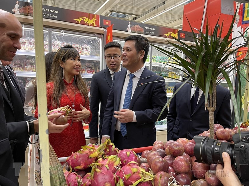 Bộ trưởng Bộ Công Thương Nguyễn Hồng Diên giới thiệu trái cây Việt Nam với khách hàng tham dự sự kiện Tuần hàng Việt Nam tại hệ thống siêu thị Carrefour của Pháp, ngày 4/11/2021. (Ảnh: Nguyễn Thu Hà/TTXVN) Bộ trưởng Bộ Công Thương Nguyễn Hồng Diên giới thiệu trái cây Việt Nam với khách hàng tham dự sự kiện Tuần hàng Việt Nam tại hệ thống siêu thị Carrefour của Pháp, ngày 4/11/2021. (Ảnh: Nguyễn Thu Hà/TTXVN)