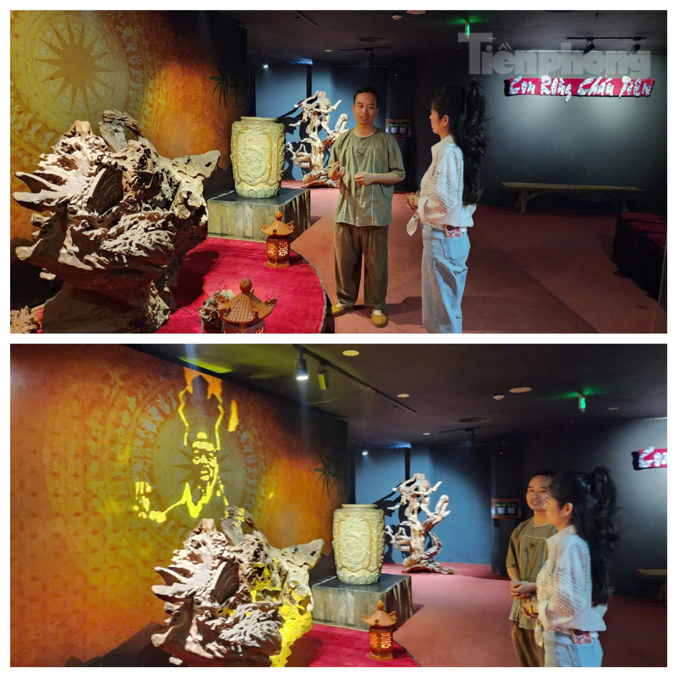 Tại bảo tàng, nghệ nhân Bùi Văn Tự đang trưng bày nghệ thuật điêu khắc ánh sáng với chủ đề Thắp đèn soi niên sử. Theo đó, mỗi khu trưng bày sẽ gắn với từng giai đoạn lịch sử cụ thể của đất nước, từ thời Vua Hùng dựng nước đến Cách mạng tháng Tám 1945. Trong ảnh là gian trưng bày với chủ đề Con rồng cháu tiên. Chỉ từ một khúc gỗ lũa thông thường, khi có ánh sáng hiện lên hình ảnh Hùng Vương gắn với câu chuyện lập nước.