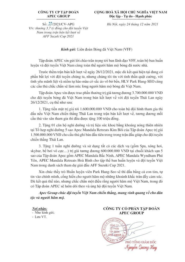 Công văn treo thưởng cho đội tuyển Việt Nam trong trận bán kết lượt về của tập đoàn APEC gửi đến VFF. Công văn treo thưởng cho đội tuyển Việt Nam trong trận bán kết lượt về của tập đoàn APEC gửi đến VFF.