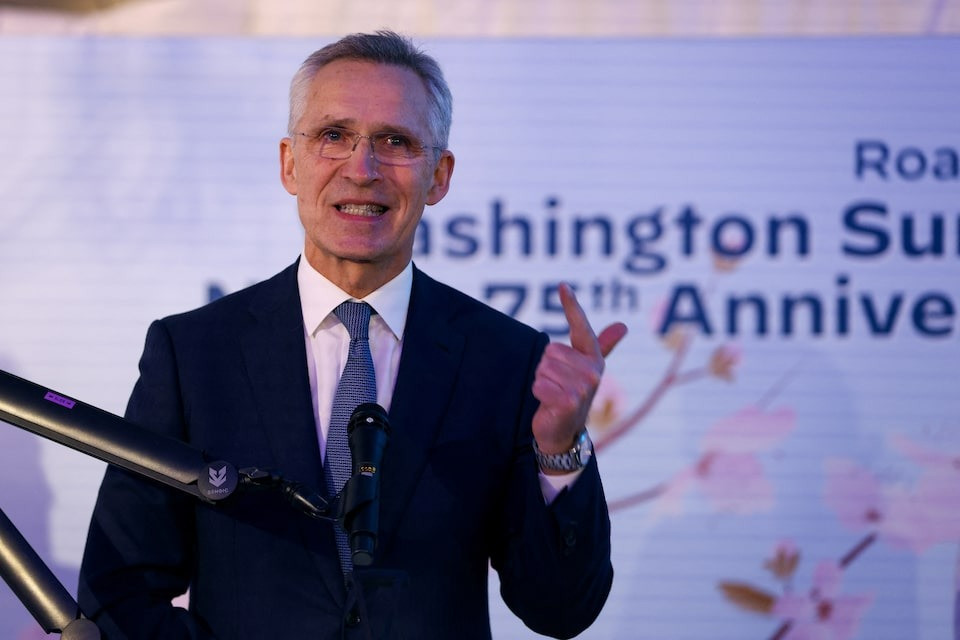 Tổng thư ký Jens Stoltenberg tham gia sự kiện kỷ niệm 75 năm thành lập NATO. Ảnh: Reuters