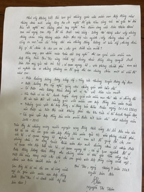 Đơn của giáo viên mầm non hợp đồng ở Phú Thọ gửi với nhiều nỗi niềm.