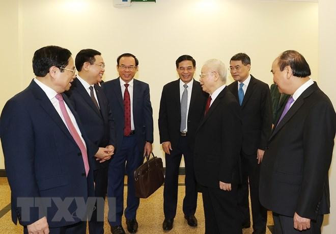 Tổng Bí thư Nguyễn Phú Trọng và các đồng chí lãnh đạo Đảng, Nhà nước cùng các đại biểu dự bế mạc hội nghị. Ảnh: Trí Dũng/TTXVN Tổng Bí thư Nguyễn Phú Trọng và các đồng chí lãnh đạo Đảng, Nhà nước cùng các đại biểu dự bế mạc hội nghị. Ảnh: Trí Dũng/TTXVN