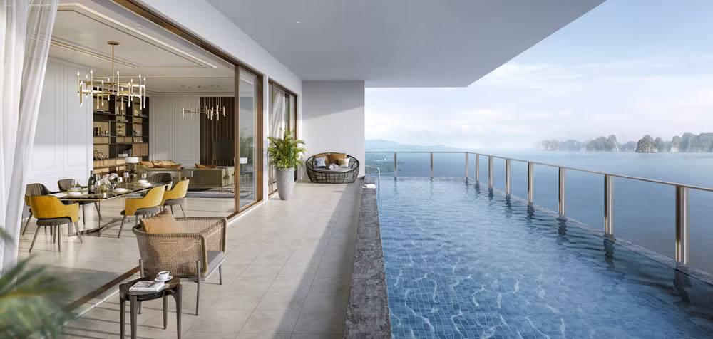BST các căn “biệt thự trên không” Sky Residences cuối cùng với tầm nhìn ôm trọn vịnh di sản. (Ảnh: BIM Land)
