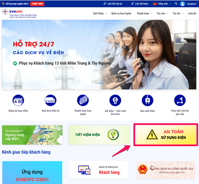 Vị trí tiểu mục “An toàn sử dụng điện” trên website cskh.cpc.vn Vị trí tiểu mục “An toàn sử dụng điện” trên website cskh.cpc.vn