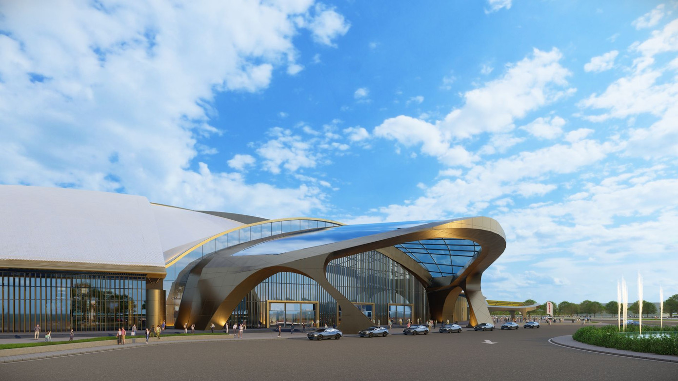 Điểm nhấn kiến trúc phía trước sảnh chính là hồ và đài phun nước. Trong phong thủy, nước được coi là yếu tố đại diện cho tài lộc, mang đến sự may mắn và thịnh vượng. Ngoài ra, cây xanh và hồ nước cũng hiện diện tại nhiều khu vực xung quanh khu triển lãm, tạo ra không gian thư giãn ngoài trời cùng bầu không khí trong lành, dễ chịu.