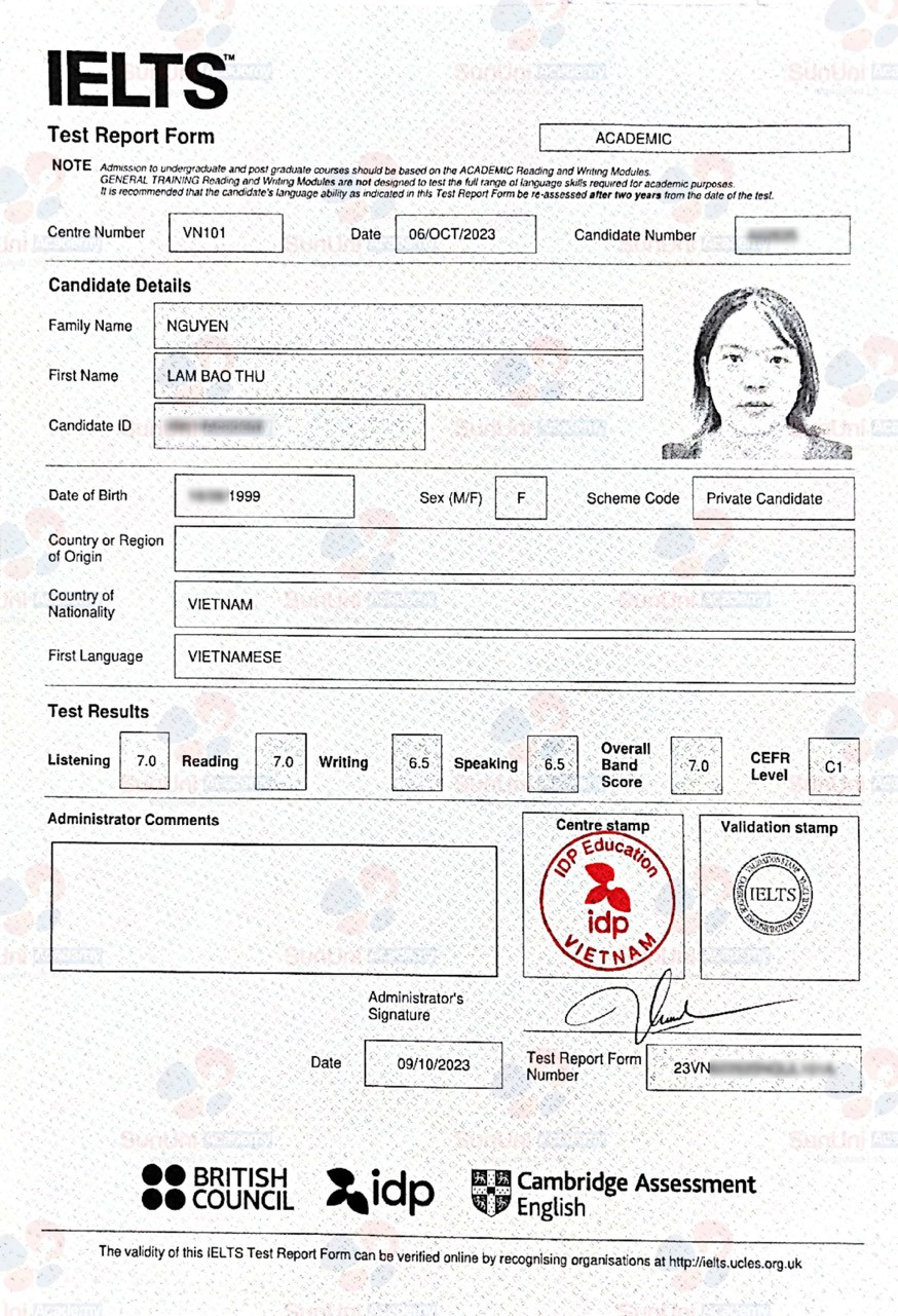 Thành tích IELTS 7.0 ngọt ngào của Bảo Thư sau 3 tháng học tại SunUni Academy. Thành tích IELTS 7.0 ngọt ngào của Bảo Thư sau 3 tháng học tại SunUni Academy.