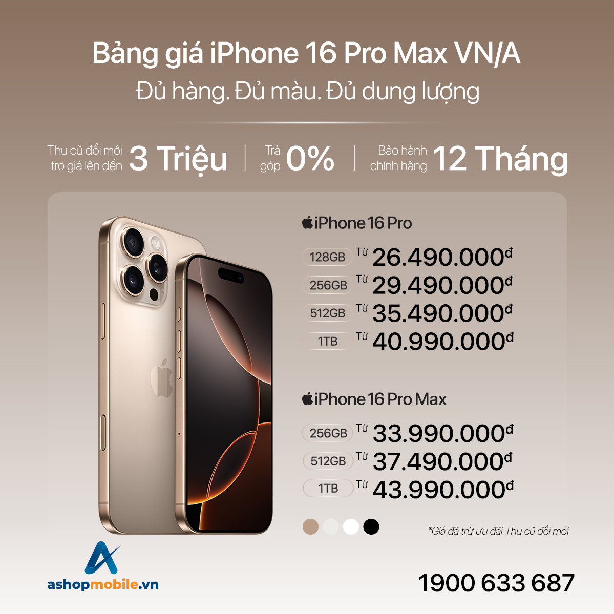 Giá các phiên bản iPhone 16 Pro và 16 Pro Max sau khi trừ ưu đãi Thu cũ đổi mới tại AShop Mobile