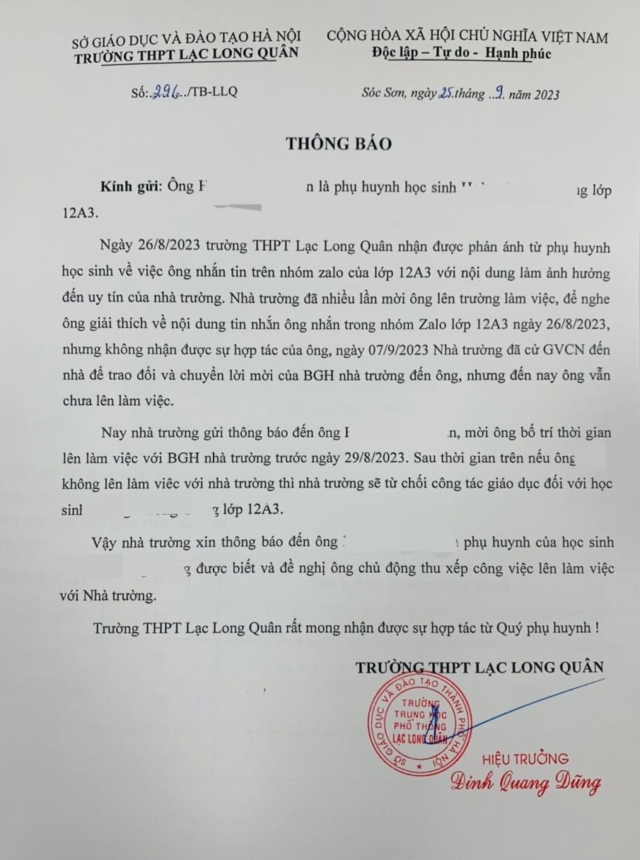 Trường THPT Lạc Long Quân ký thông báo gửi phụ huynh "dọa" cho học sinh nghỉ học.