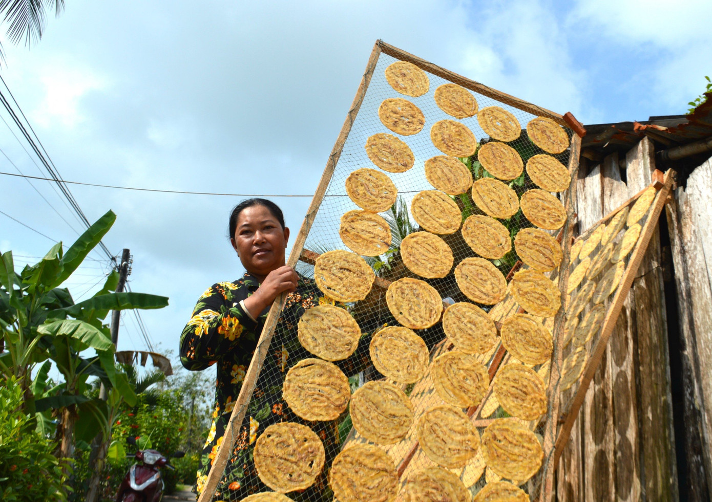 Những miếng chuối hình tròn được đặt lên vỉ để phơi hai ngày hoặc sấy 12-16 tiếng bằng máy.