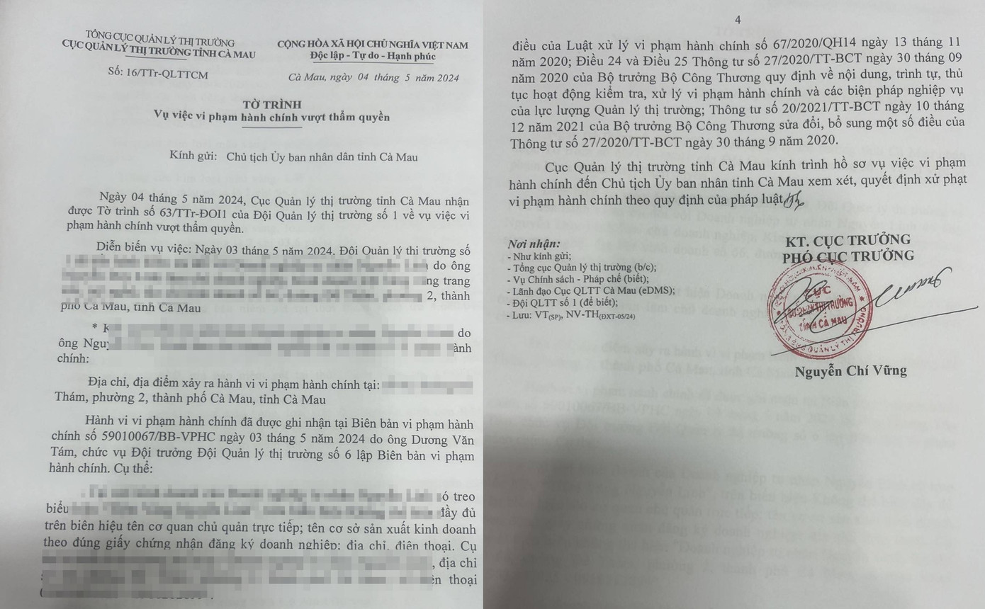 Cục QLTT tỉnh Cà Mau trình hồ sơ xử phạt doanh nghiệp N.L. đến Chủ tịch UBND tỉnh.