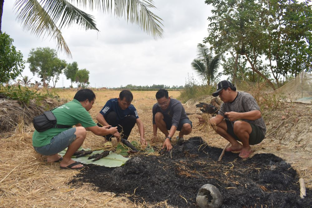 Sau tát đìa, chủ nhà sẽ chọn những con cá lóc to để nướng trui đãi khách. Sau tát đìa, chủ nhà sẽ chọn những con cá lóc to để nướng trui đãi khách.