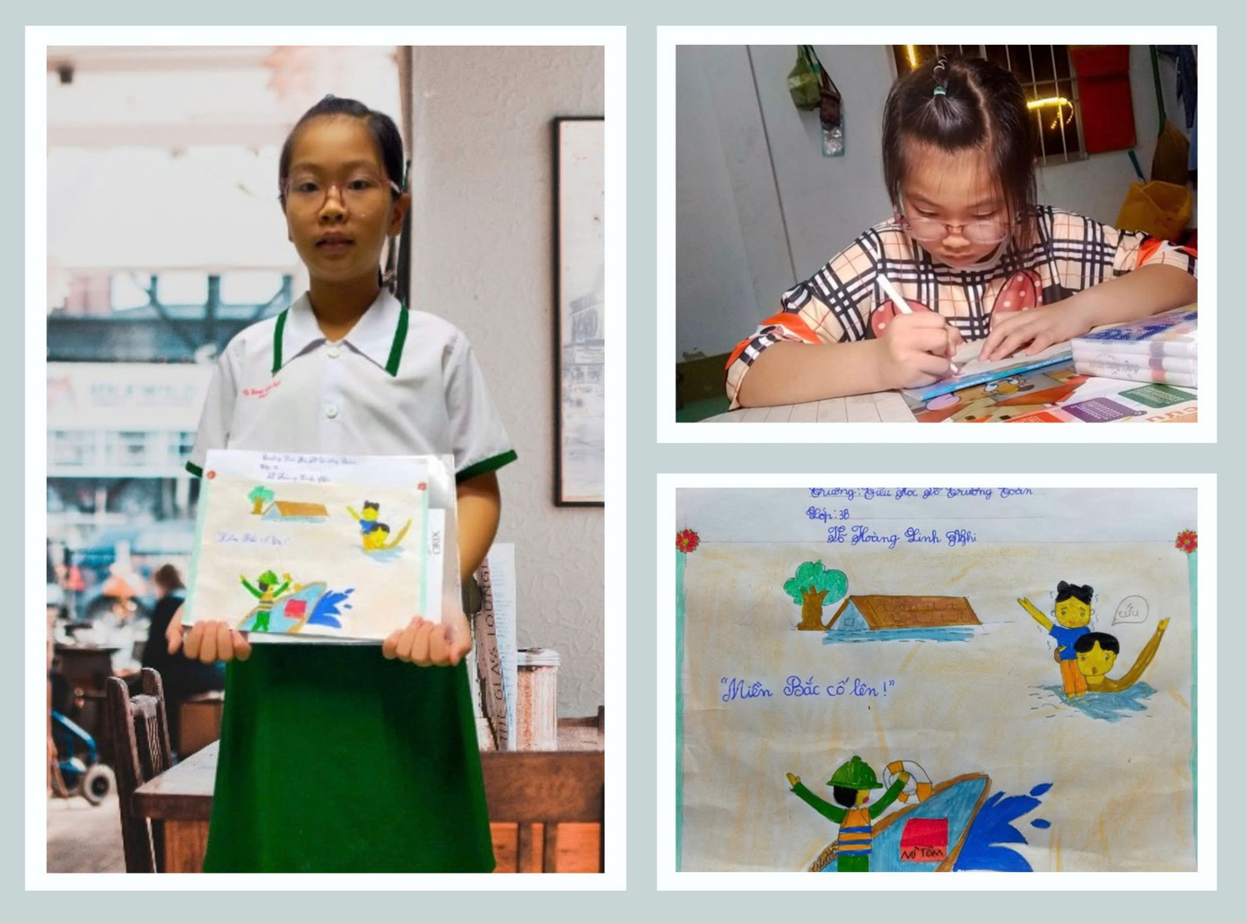 Em Võ Hoàng Linh Nghi vẽ bức tranh động viên các bạn học sinh “Miền Bắc cố lên”.