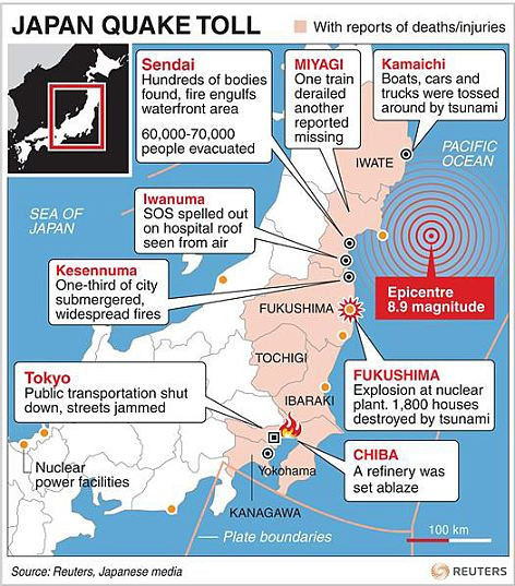 Bản đồ cho thấy các vùng bị ảnh hưởng bởi động đất, sóng thần ở Nhật Bản