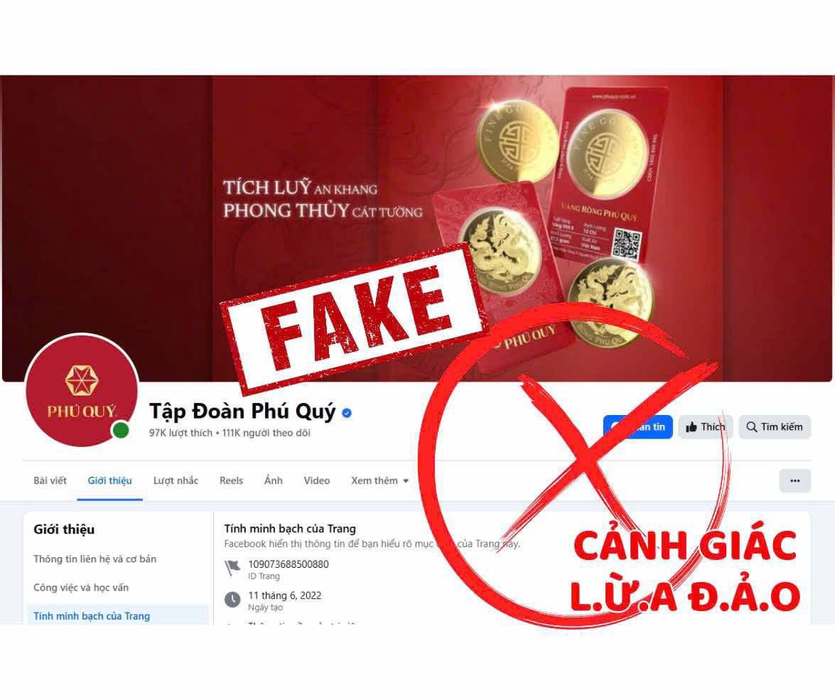 Một trang giả mạo Tập đoàn Vàng bạc đá quý Phú Quý.