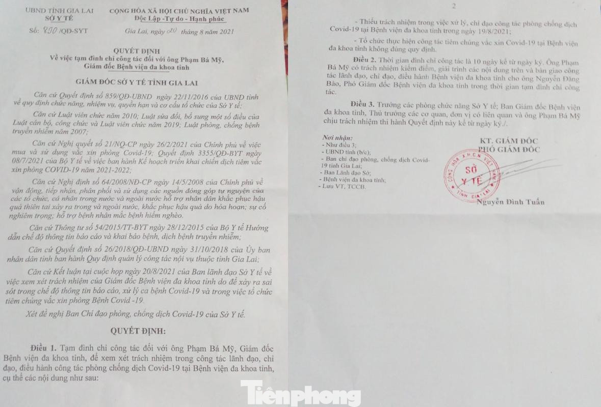 Quyết định đình chỉ công tác của Sở Y tế Gia Lai đối với ông Phạm Bá Mỹ