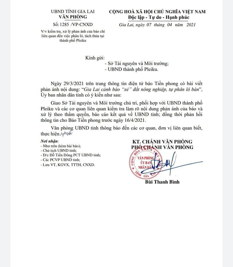 Văn bản chỉ đạo của UBND tỉnh Gia Lai