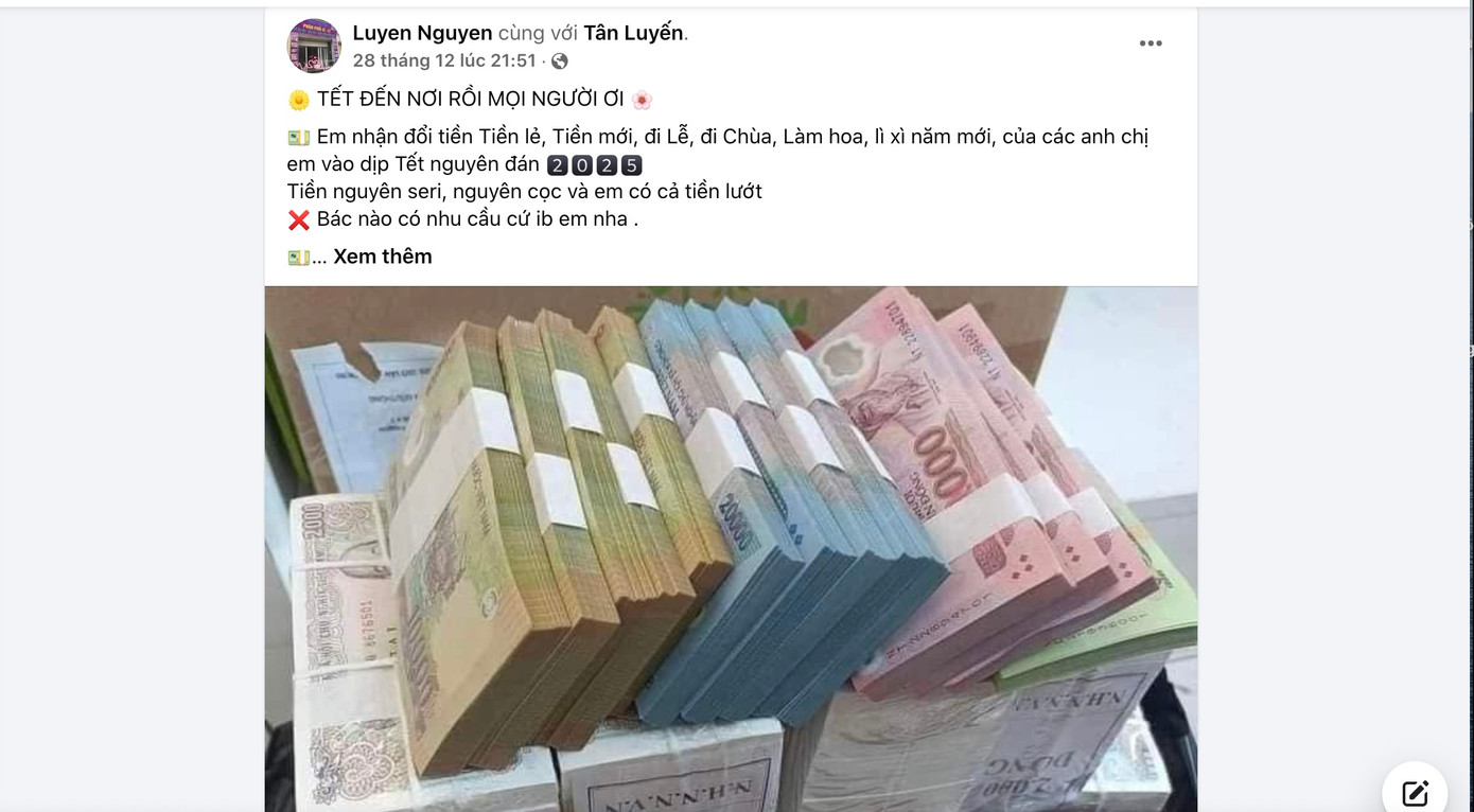 Dịch vụ đổi tiền mới dịp Tết đang xuất hiện ngày càng nhiều trên mạng xã hội.