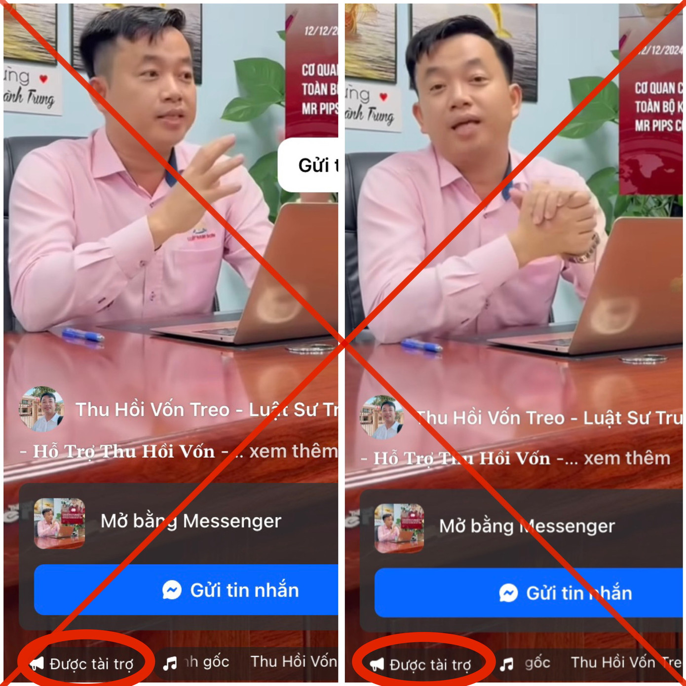 Những quảng cáo có nhãn "được tài trợ" sử dụng trái phép hình ảnh của luật sư Nguyễn Thành Trung để lừa đảo tài chính.