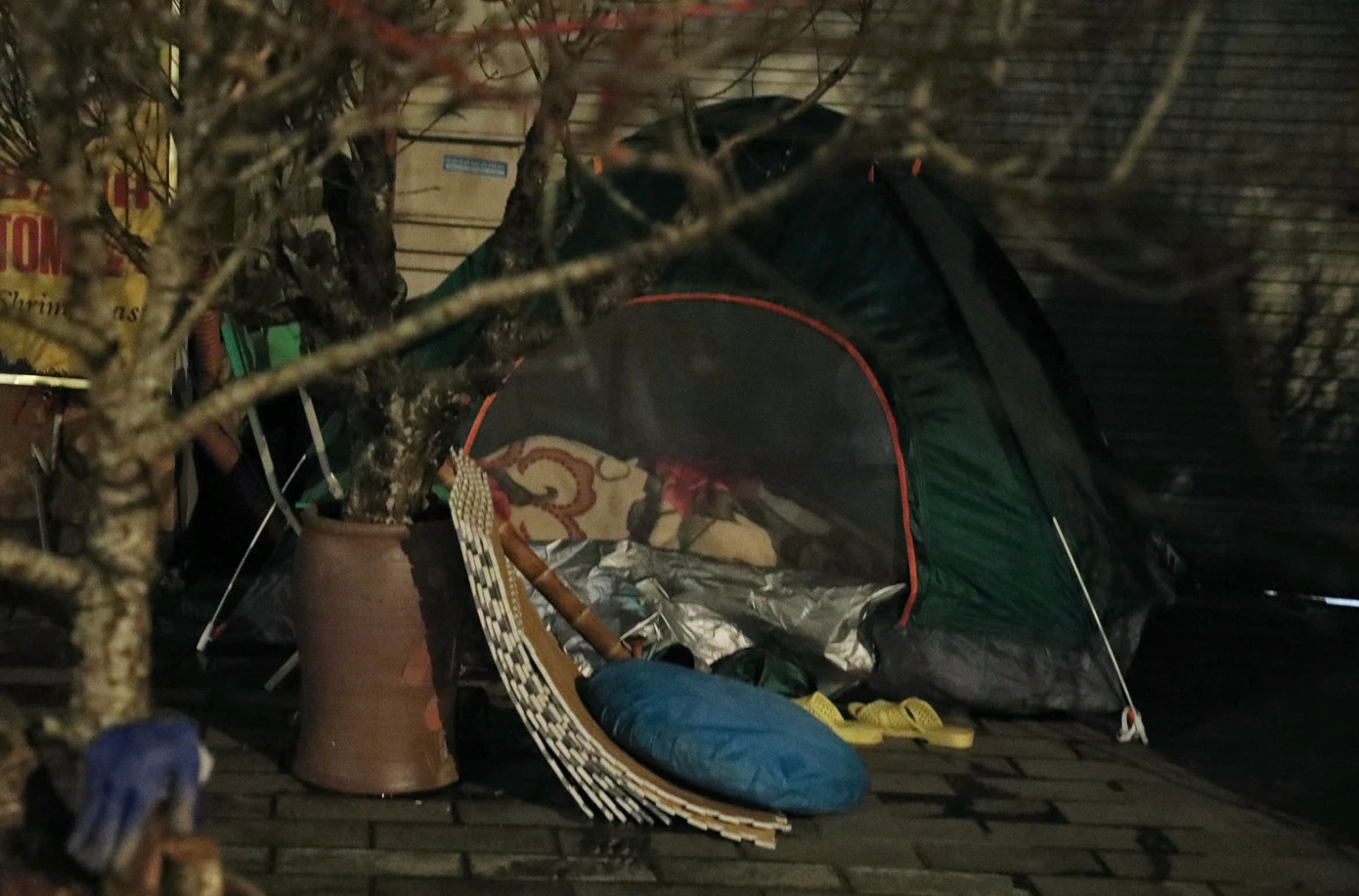 Không khó để gặp những chiếc lều cắm trại được dựng trên vỉa hè của những tiểu thương bán đào, quất.