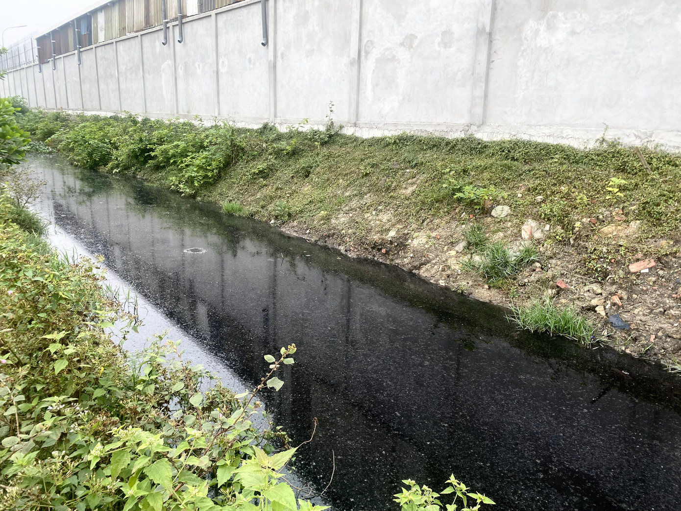 Dòng nước đen ngòm tại con kênh chảy qua nhà máy cô đúc kim loại màu của Công ty TNHH LTD Đức Mạnh.