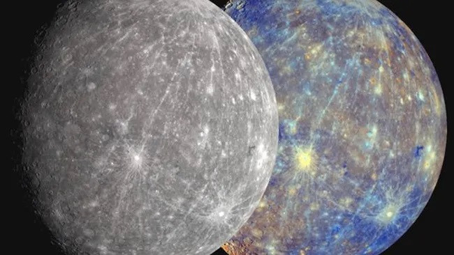 Sao Thủy được tàu vũ trụ Messenger của NASA nhìn thấy ở bên trái. Bên phải là hình ảnh gần đúng về màu sắc thực sự của Sao Thủy mà mắt người có thể nhìn thấy. (Ảnh: NASA/Phòng thí nghiệm Vật lý Ứng dụng của Đại học Johns Hopkins/Viện Carnegie Washington) Sao Thủy được tàu vũ trụ Messenger của NASA nhìn thấy ở bên trái. Bên phải là hình ảnh gần đúng về màu sắc thực sự của Sao Thủy mà mắt người có thể nhìn thấy. (Ảnh: NASA/Phòng thí nghiệm Vật lý Ứng dụng của Đại học Johns Hopkins/Viện Carnegie Washington)