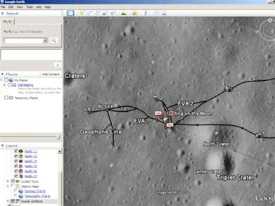 Chúng ta có thể dõi theo từng bước đi của con tàu Apollo trên con đường chinh phục mặt trăng. Ngoài các đường link dẫn tới những bức hình và video toàn cảnh, tấm bản đồ còn được chăm chút tới từng chi tiết nhỏ. Trên bức hình này, người dùng có thể theo dõi những địa điểm mà các nhà du hành chơi golf trên Mặt trăng.