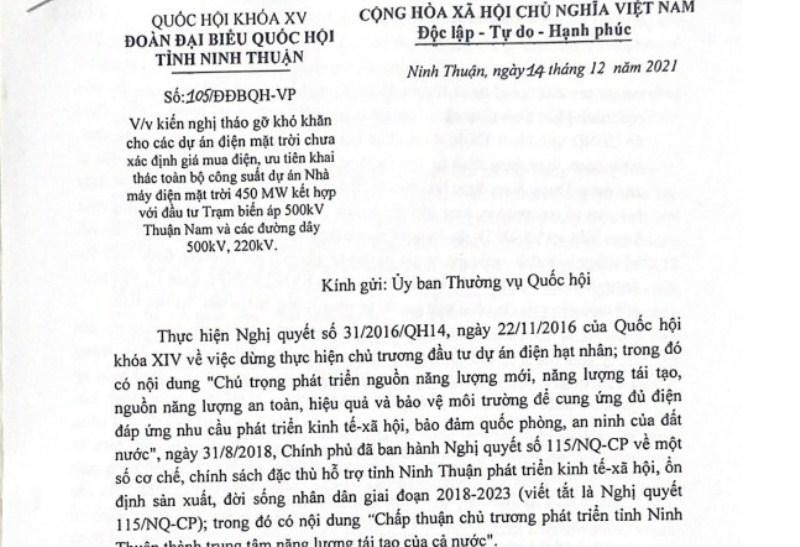 Văn bản kiến nghị của Đoàn Đại biểu Quốc hội tỉnh Ninh Thuận gửi Ủy ban Thường vụ Quốc hội