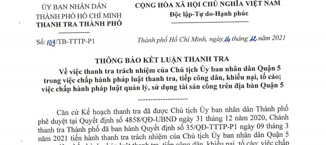 Kết luận của Thanh tra TPHCM chỉ ra nhiều vi phạm tại UBND Quận 5 Kết luận của Thanh tra TPHCM chỉ ra nhiều vi phạm tại UBND Quận 5