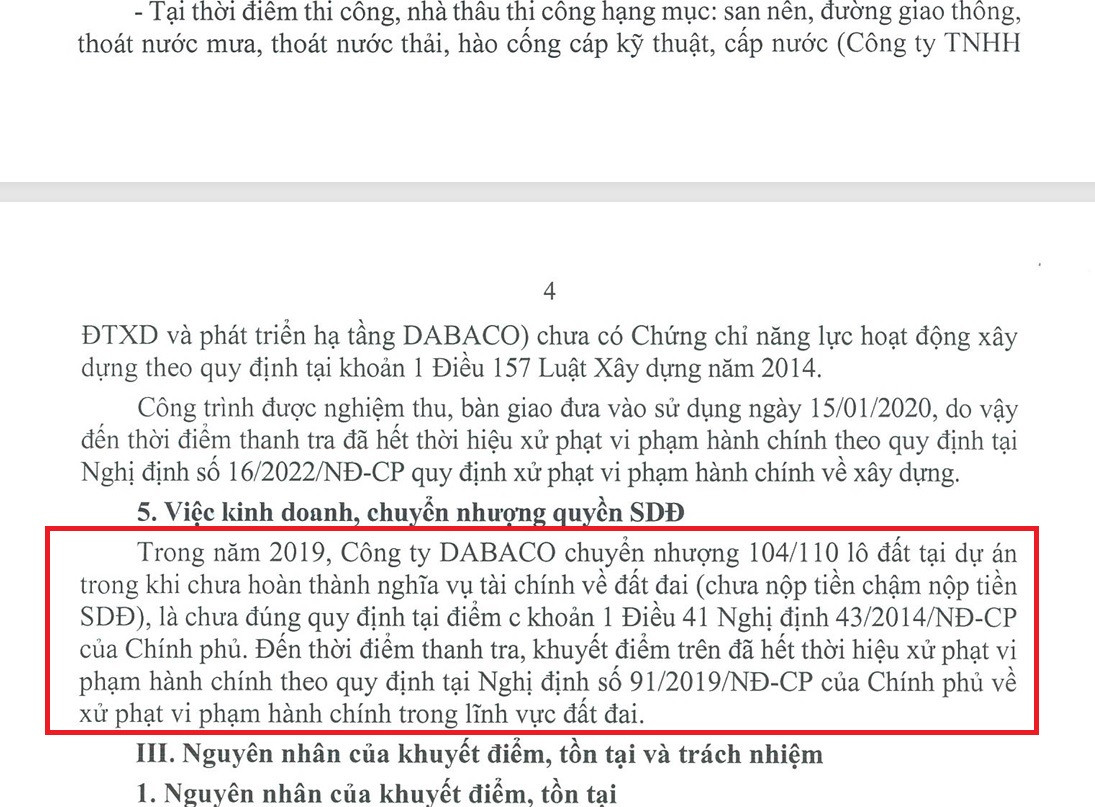 Kết luận thanh tra chỉ rõ trong năm 2019 Tập đoàn Dabaco chuyển nhượng 104/110 lô đất tại dự án khi chưa hoàn thành nghĩa vụ tài chính về đất đai.