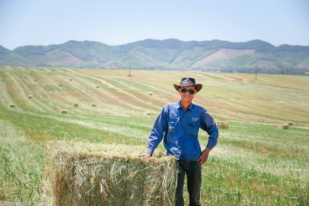 Một nhân viên TH bên bánh cỏ khô mới đóng. Ảnh: Lê Thăng