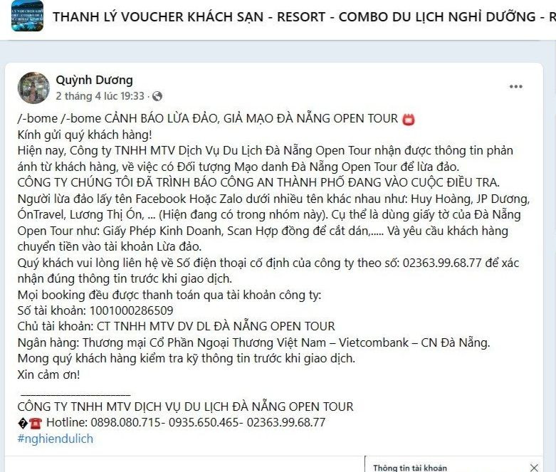 Khuyến cáo của một công ty du lịch bị đối tượng Trang giả mạo để lừa đảo khách hàng.