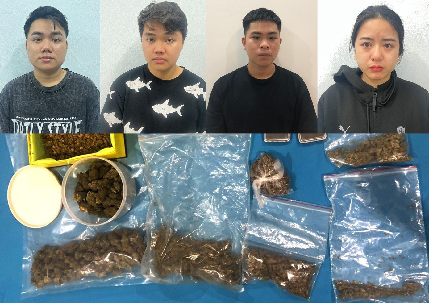 Các đối tượng, Nguyễn Hữu Phúc, Ngô Huỳnh Sa Lem, Nguyễn Quang Minh và Phan Thị Thảo Ly cùng tang vật vụ án. Ảnh: CA.