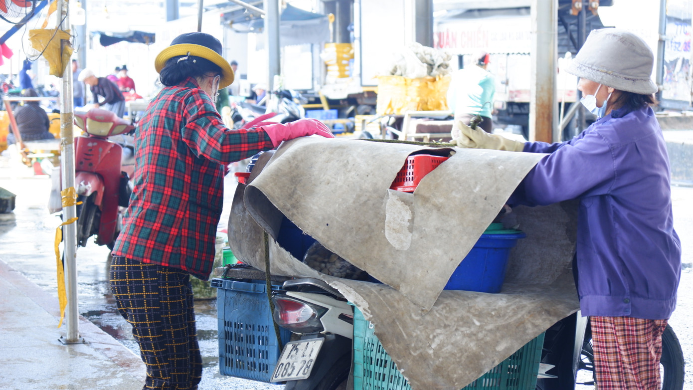 Tiểu thương các chợ sau khi chọn và mua được hải sản chất lên xe máy để đưa về chợ bán. (Ảnh: Nguyễn Thành)